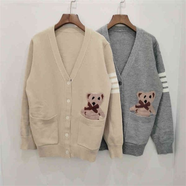 style tb four bars autumn and winter new v-neck women's cartoon jacquard loose long sleeve knitted sweater thick, White